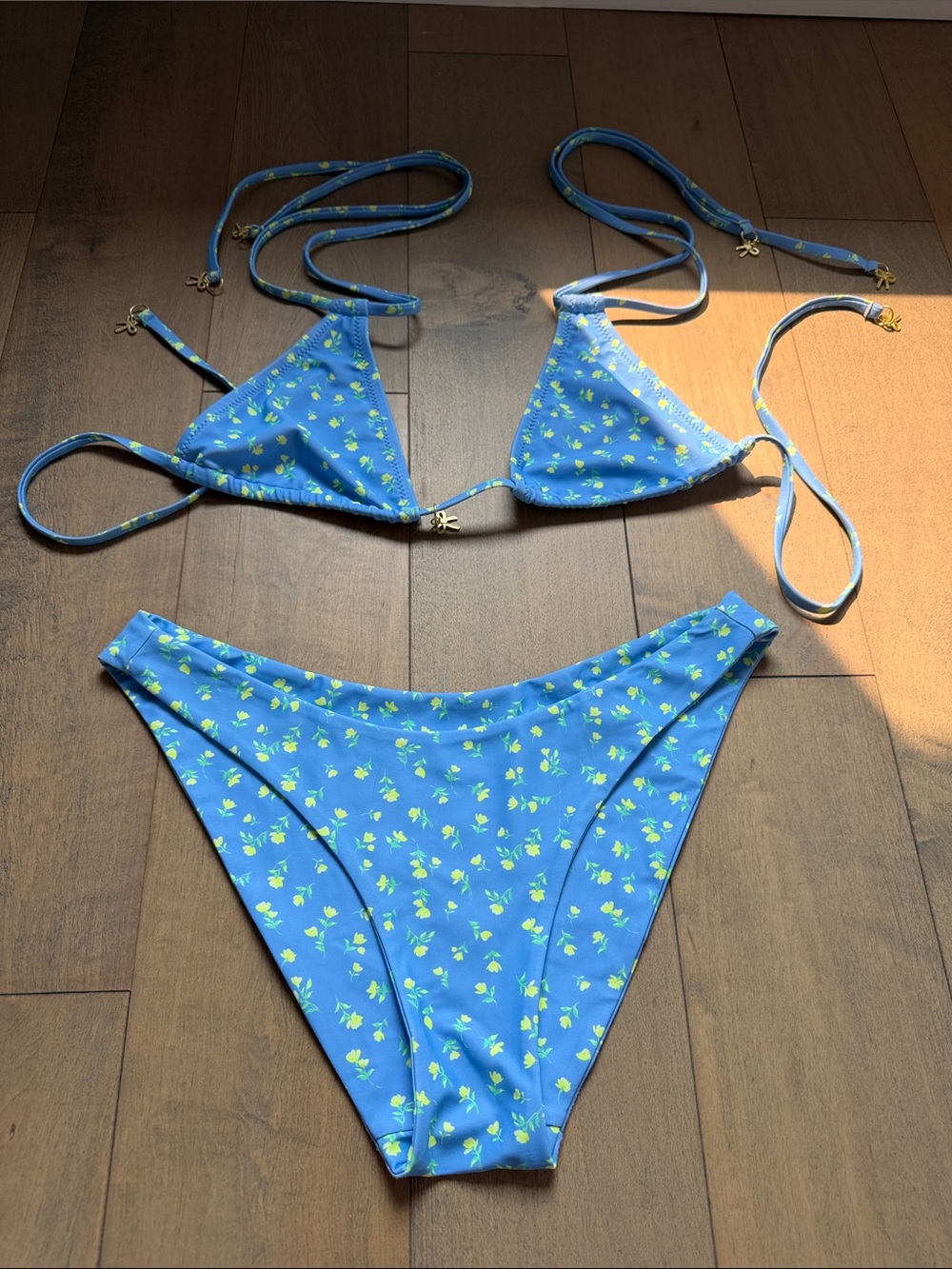 Kulani Kinis Blue Floral Triangle Bikini Set with cute bow charms